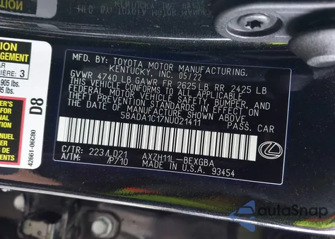 2022 Lexus Es 300H from USA, damaged, VIN 58ADA1C17NU021411